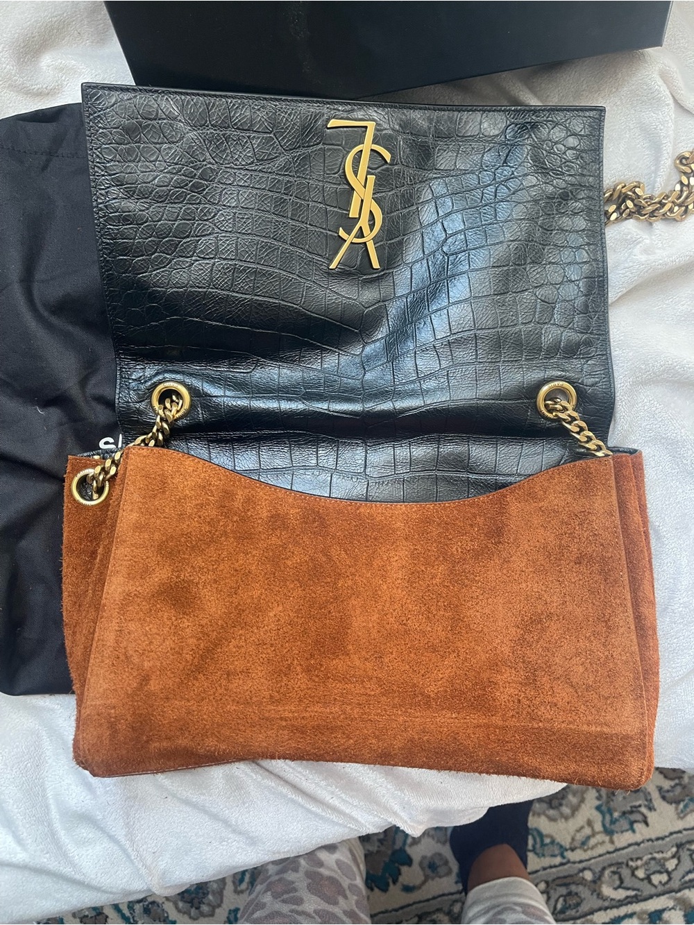 Saint Laurent Black Croc-Embossed Shoulder Bag with Gold Hardware - Picture 7 of 9